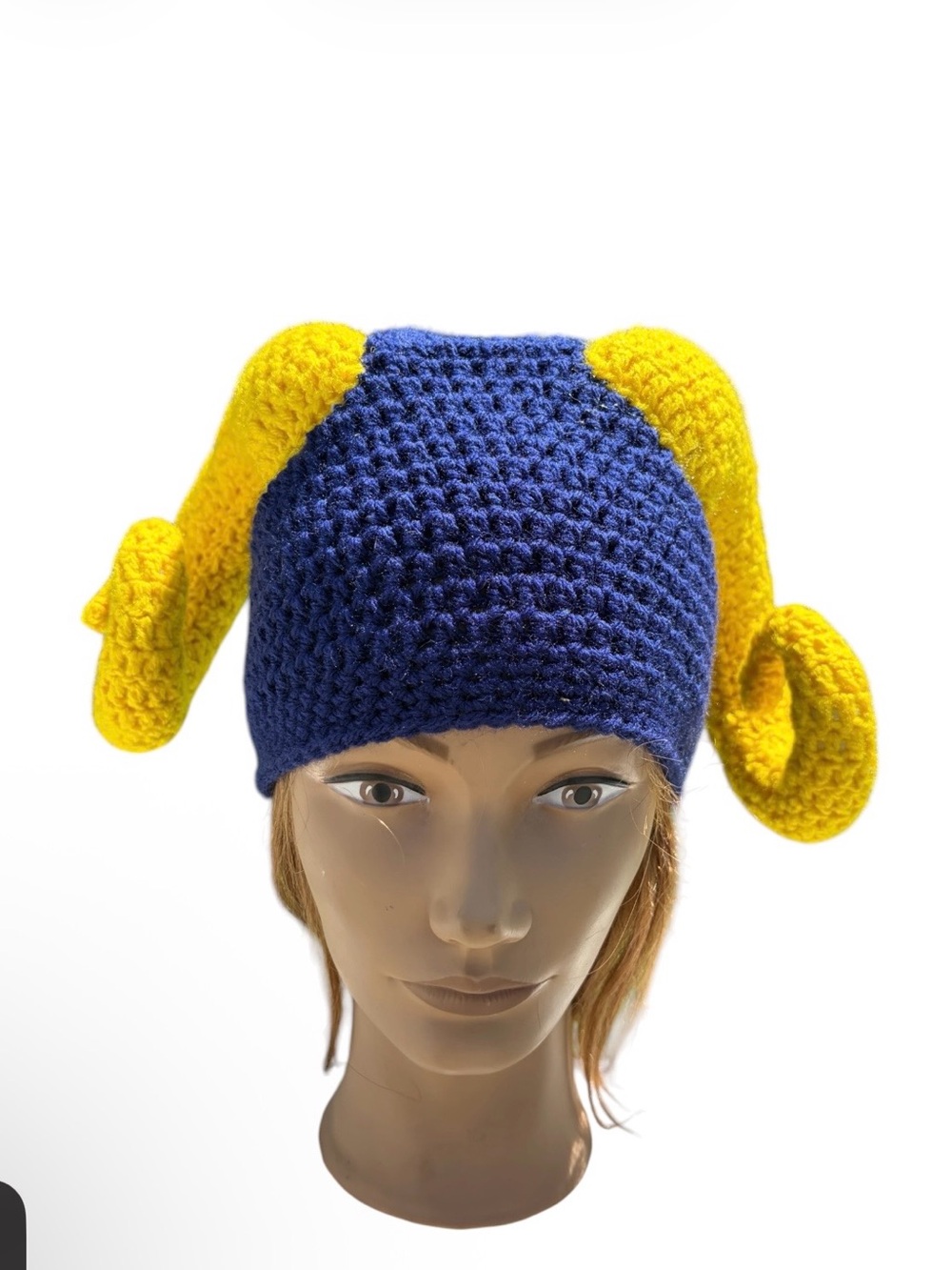 Handmade Rams Football team blue & yellow unisex knitted horns beanie hat